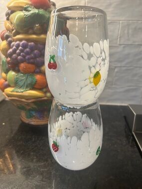 Anthropologie White Speckled Stemless Wine Glasses with Fruit Accents